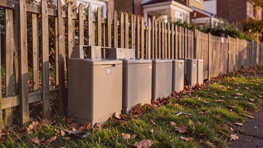 Run of tamper-resistant bait stations positioned along the base of a garden fence
