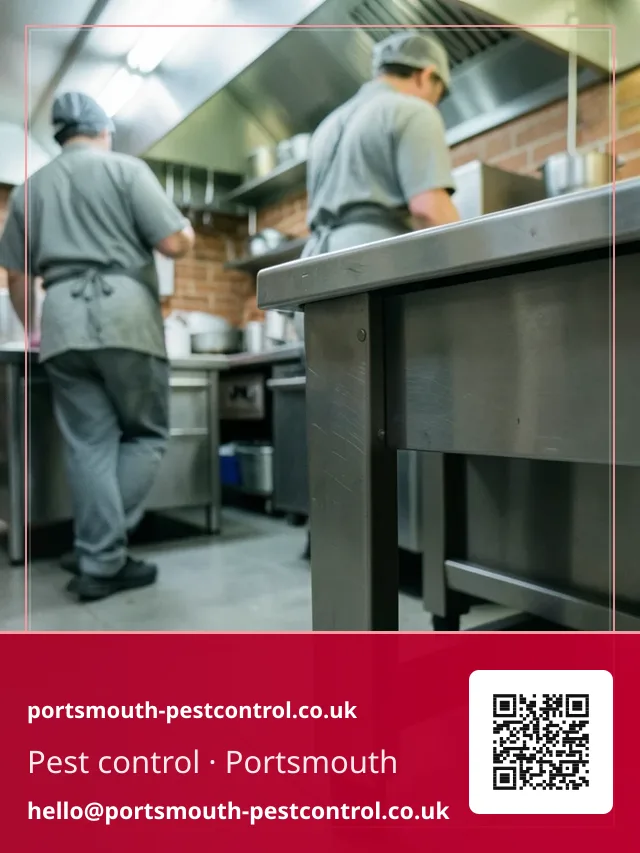 Small unbaited monitoring station tucked beside the leg of a stainless steel prep bench