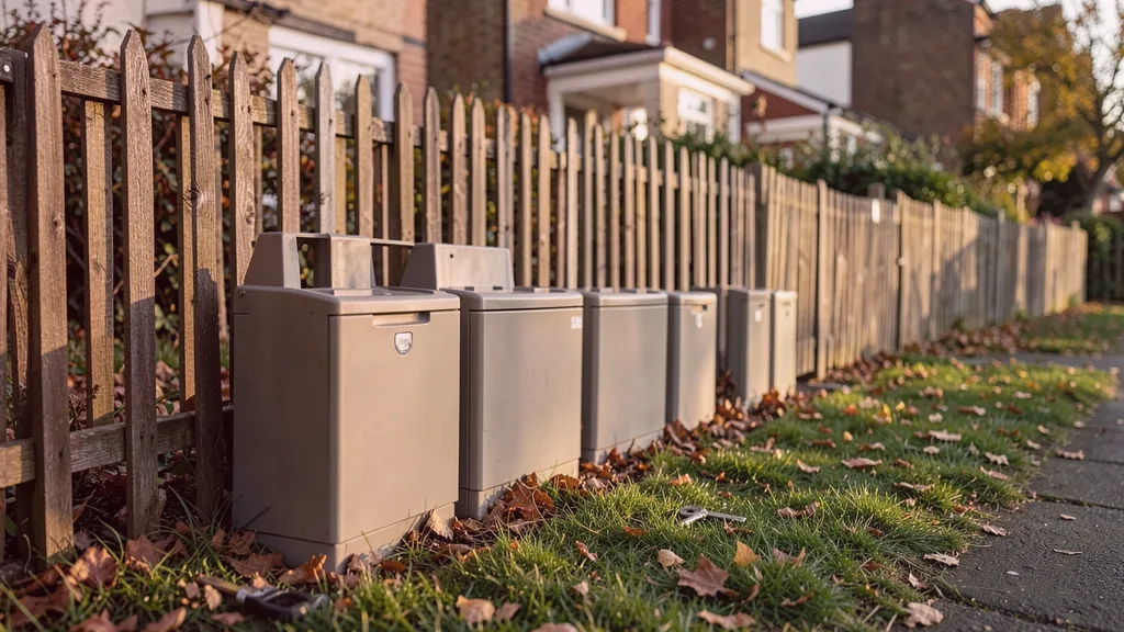Run of tamper-resistant bait stations positioned along the base of a garden fence