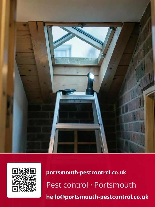 Inspection ladder positioned beneath an open loft hatch