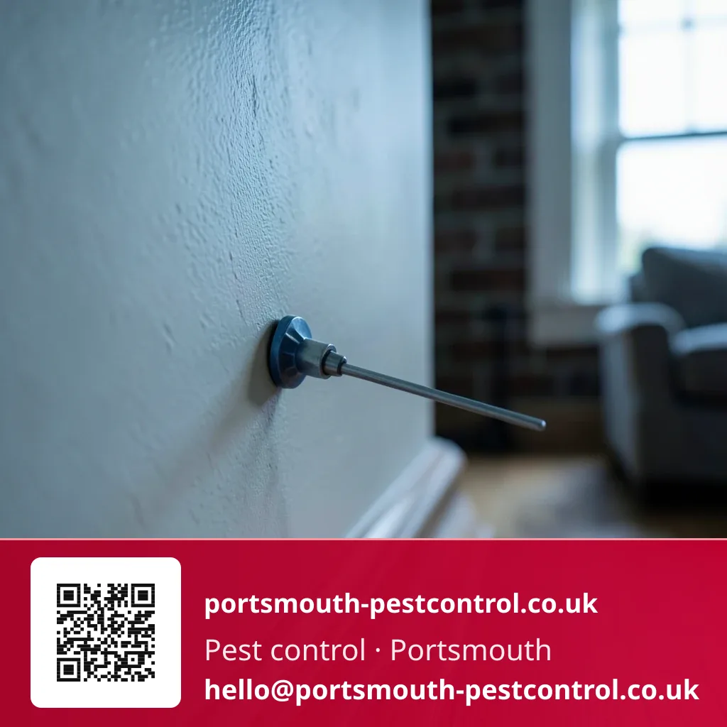 Pin-type moisture meter probe pressed to a plastered wall just above a skirting board