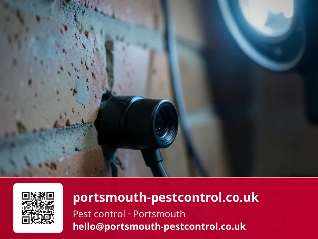 Flexible borescope camera cable being fed through a small drilled inspection hole in a wall
