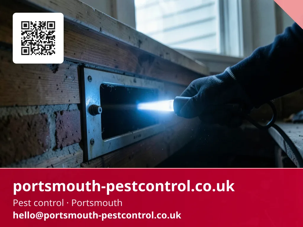 Gloved hand holding a torch at the open access panel of a low crawl space