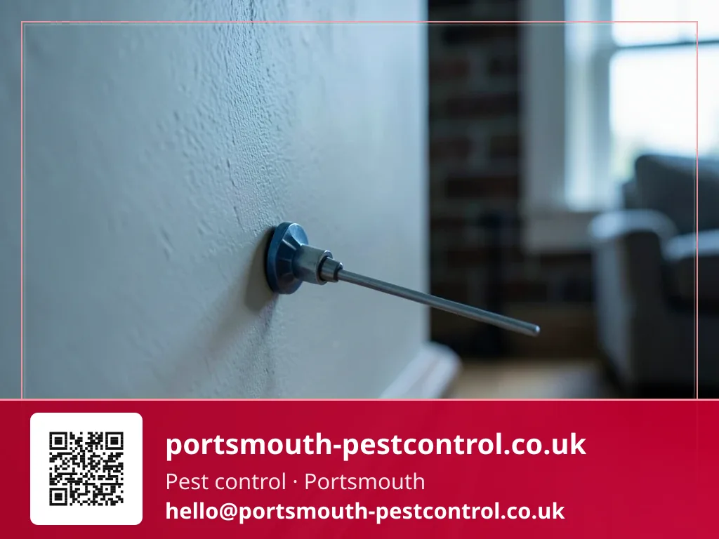 Pin-type moisture meter probe pressed to a plastered wall just above a skirting board