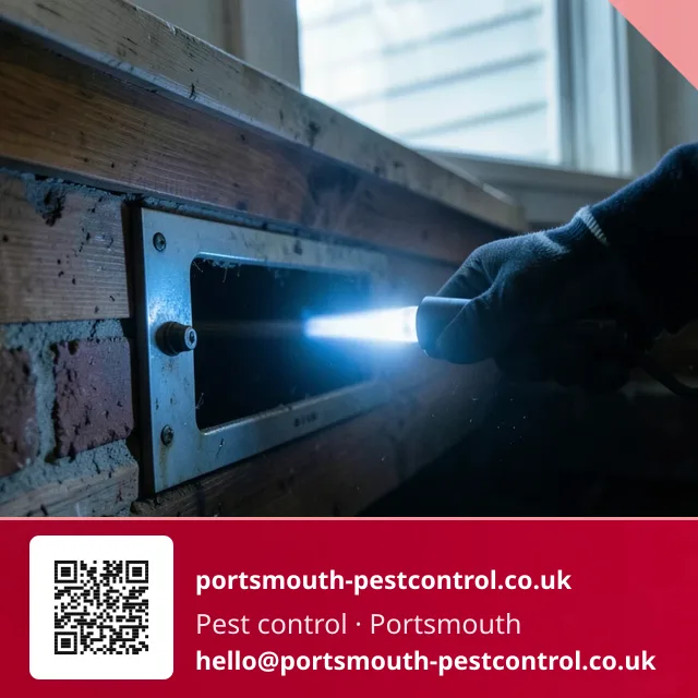 Gloved hand holding a torch at the open access panel of a low crawl space
