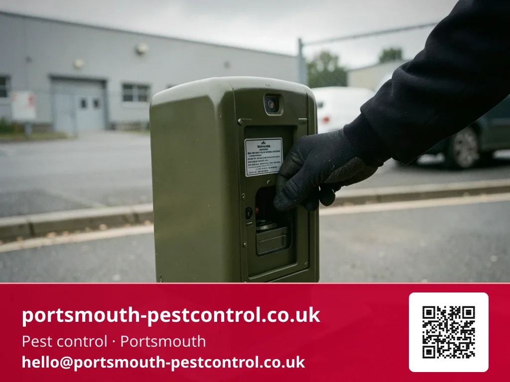 Gloved hand opening a second exterior bait station along a service round