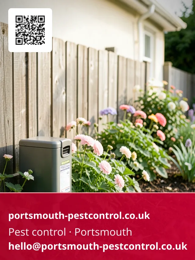 Bait station nestled at the edge of a flower border along a garden fence
