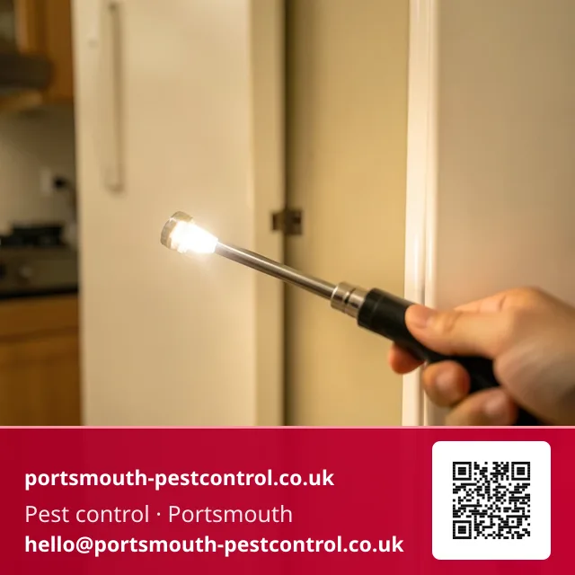Torch checking behind a pulled-out kitchen appliance for a treatment point