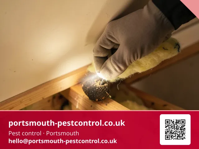 Gloved hand parting loft insulation to place a small bait point beneath the joists