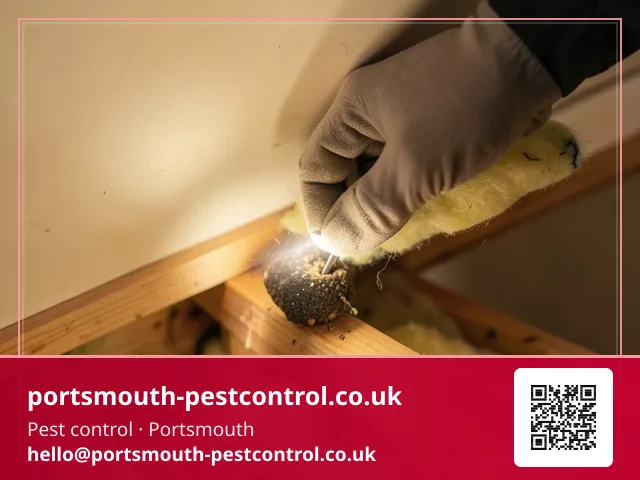 Gloved hand parting loft insulation to place a small bait point beneath the joists