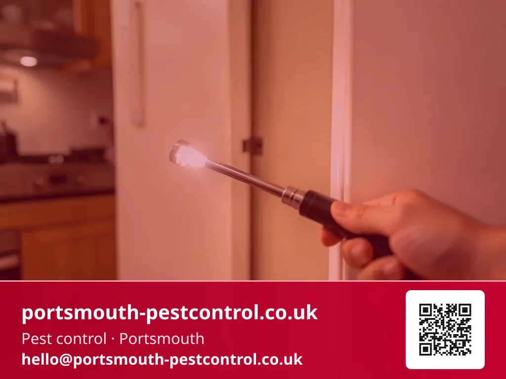 Torch checking behind a pulled-out kitchen appliance for a treatment point