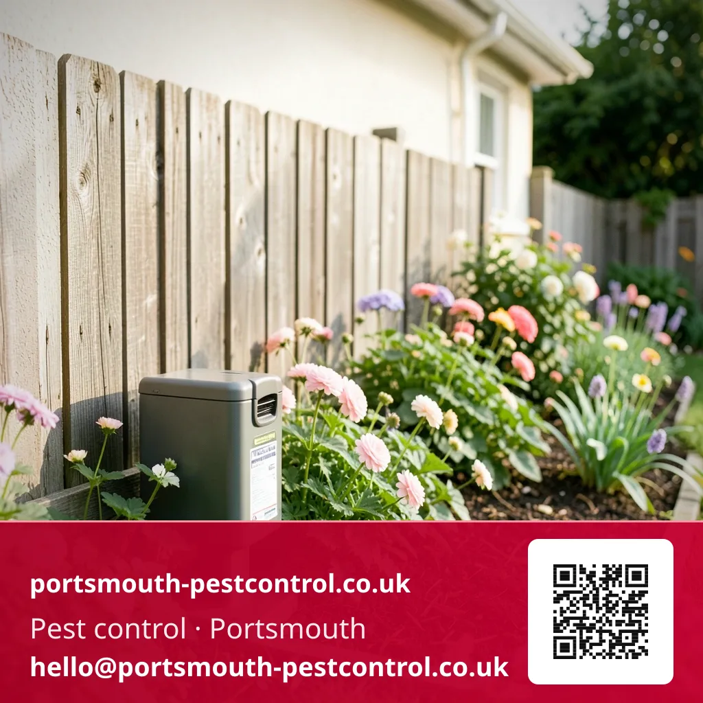 Bait station nestled at the edge of a flower border along a garden fence
