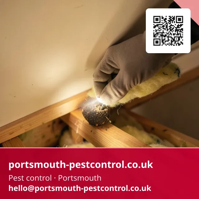Gloved hand parting loft insulation to place a small bait point beneath the joists