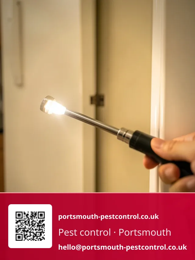 Torch checking behind a pulled-out kitchen appliance for a treatment point
