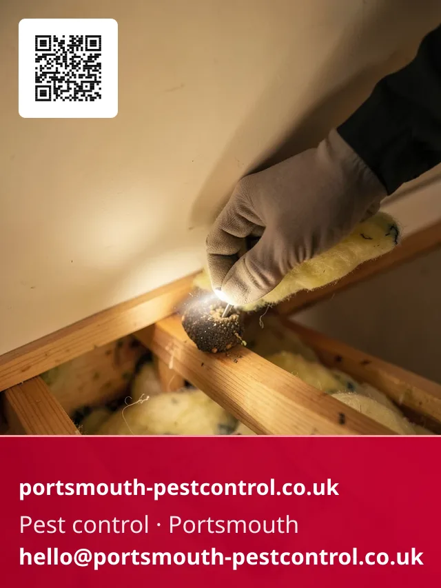 Gloved hand parting loft insulation to place a small bait point beneath the joists