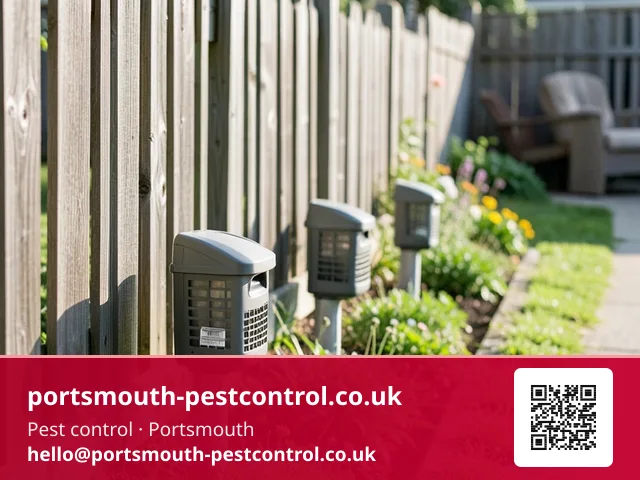 Run of small bait stations being set along a garden fence line