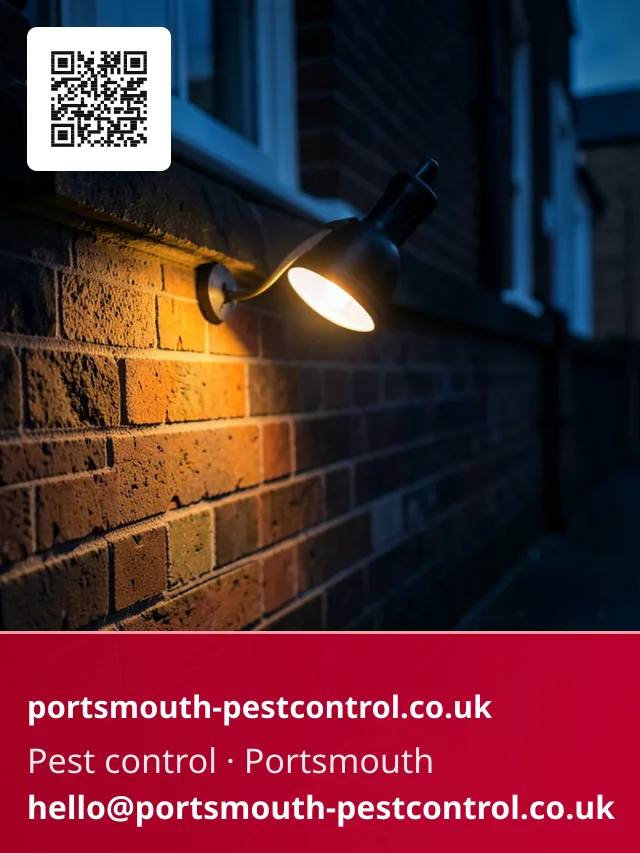 Exterior wall base being checked under a portable lamp after dark