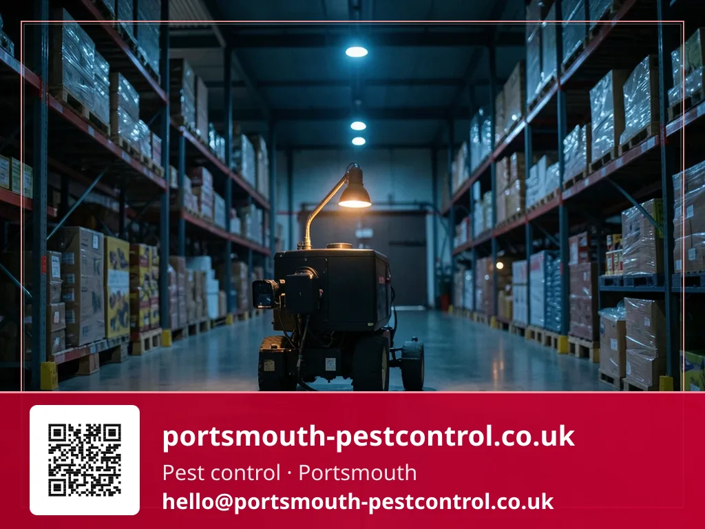 ULV fogger being rapidly deployed in a warehouse aisle at night